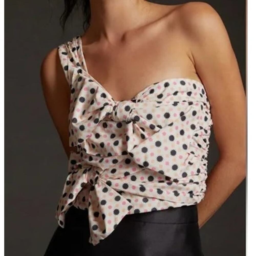Anthropologie Maeve Bow Tie One Shoulder Top Womens 10 NWT Polka Dot Zip Blouse